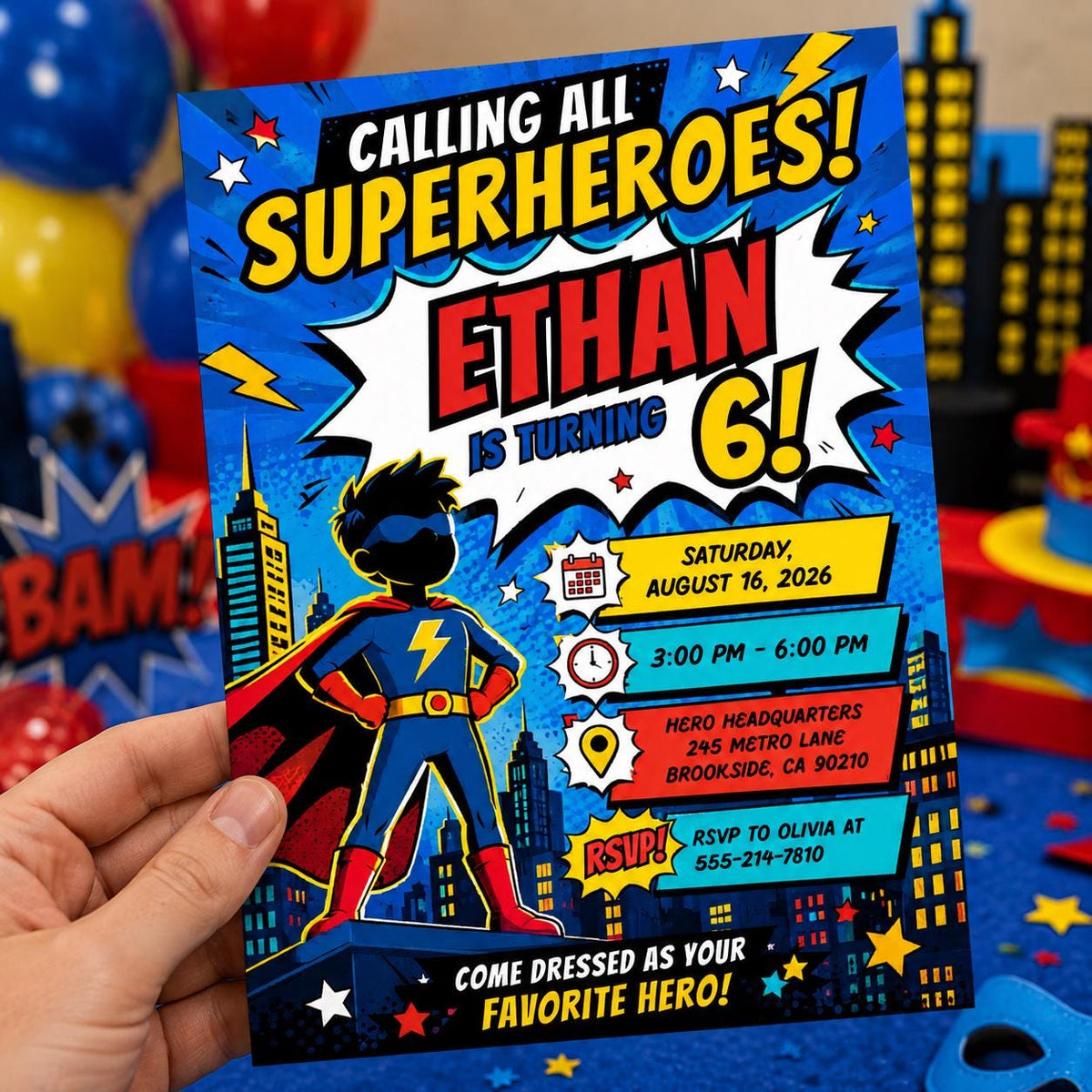 Calling All Superheroes 6th Birthday Invitation in blue and red