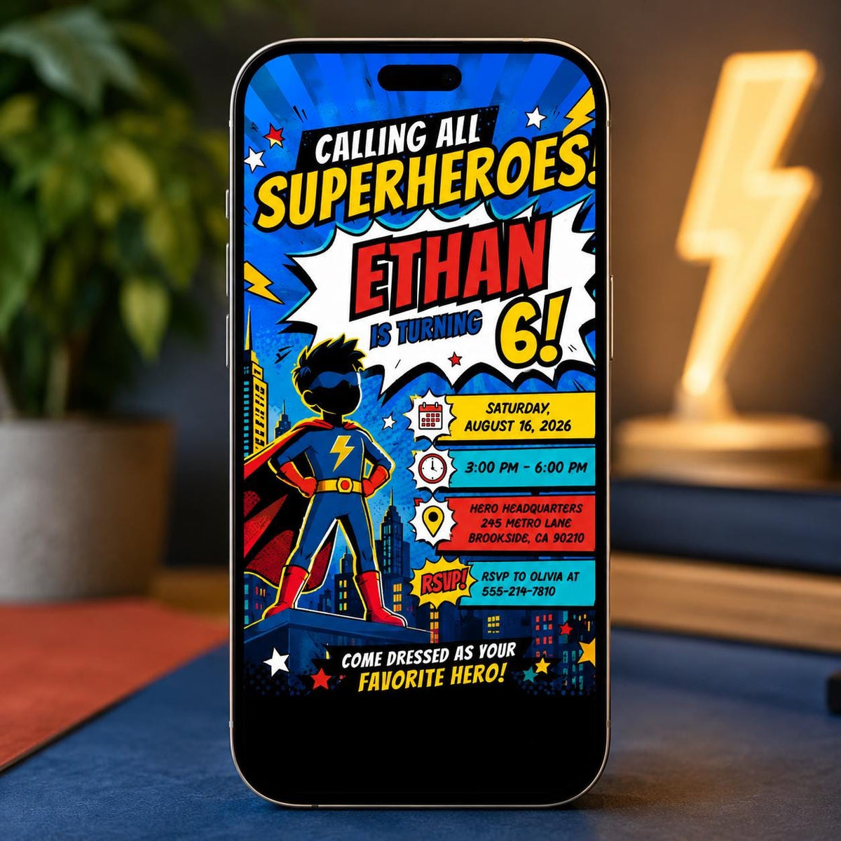 Calling All Superheroes 6th Birthday Invitation — invitation you personalize in Canva