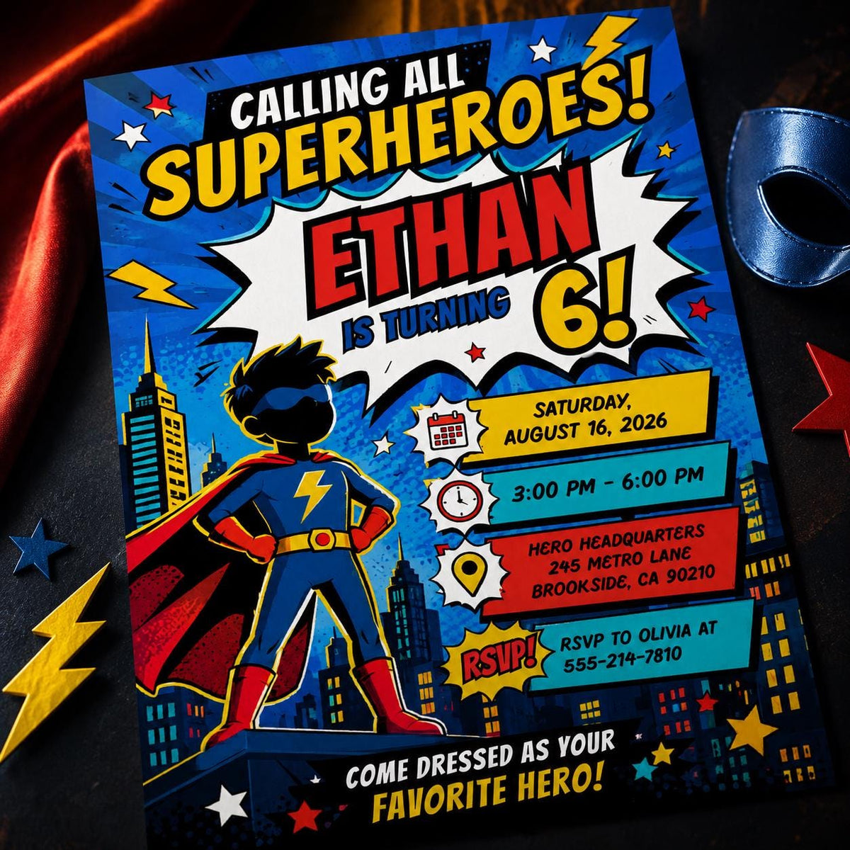 Calling All Superheroes 6th Birthday Invitation — comic book 6th birthday party design