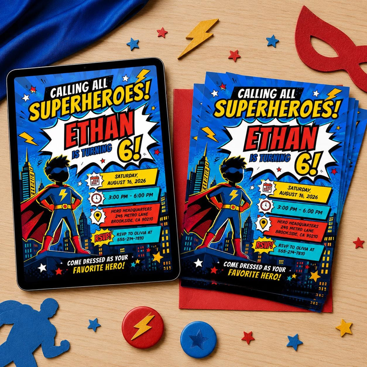 Calling All Superheroes 6th Birthday Invitation — print-ready 6th birthday party design from VoltBy