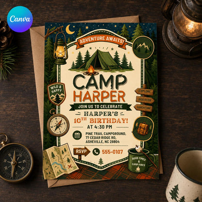 Camping 10th Birthday Invitation for Boys — editable Canva template