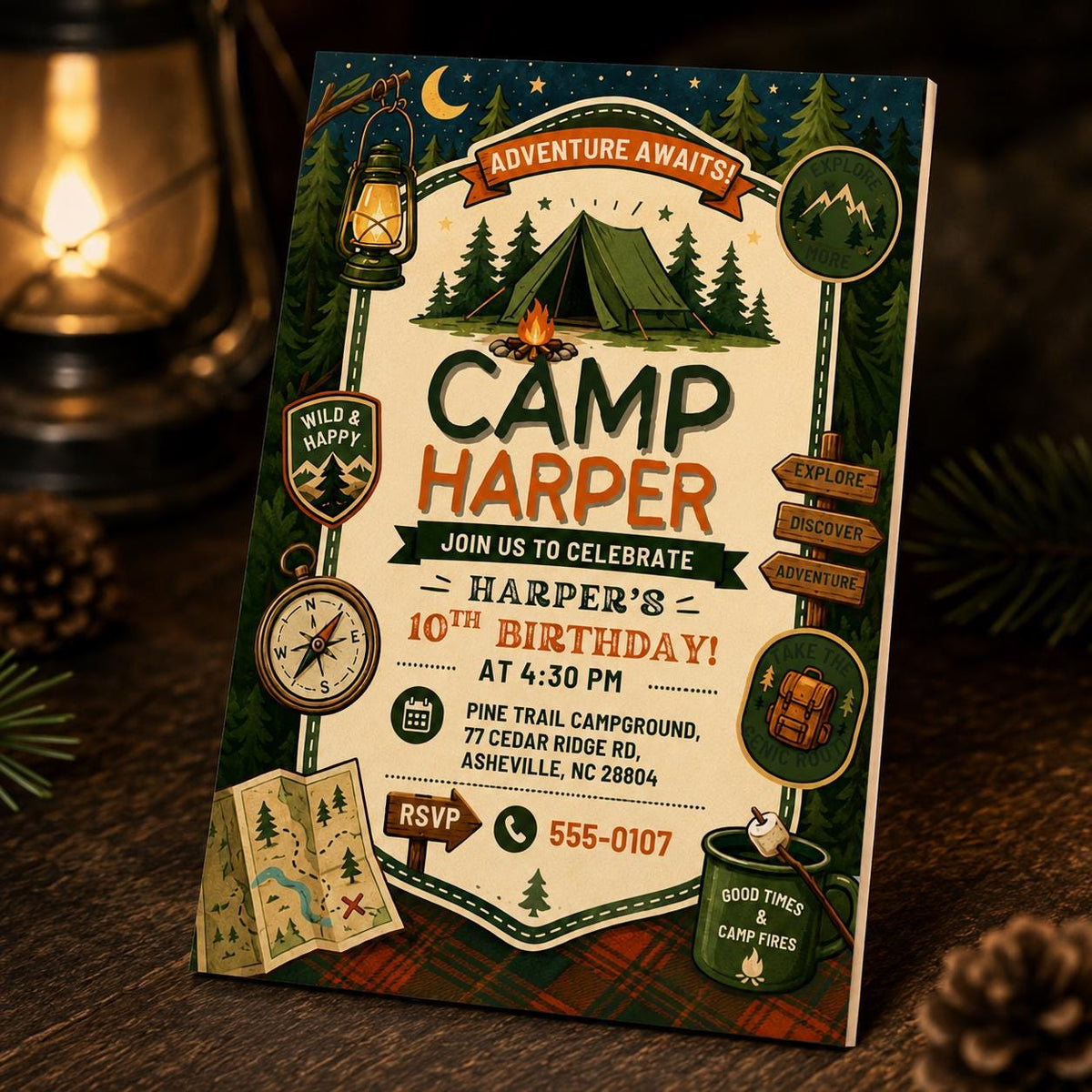 Camping 10th Birthday Invitation for Boys — invitation you personalize in Canva