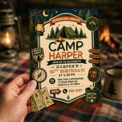 Camping 10th Birthday Invitation for Boys — digital invitation, instant download