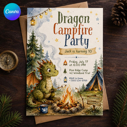 Camping Dragon Campfire 10th Birthday Invitation — editable Canva template