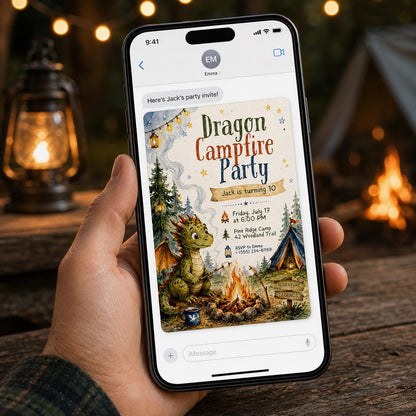 Camping Dragon Campfire 10th Birthday Invitation — invitation you personalize in Canva