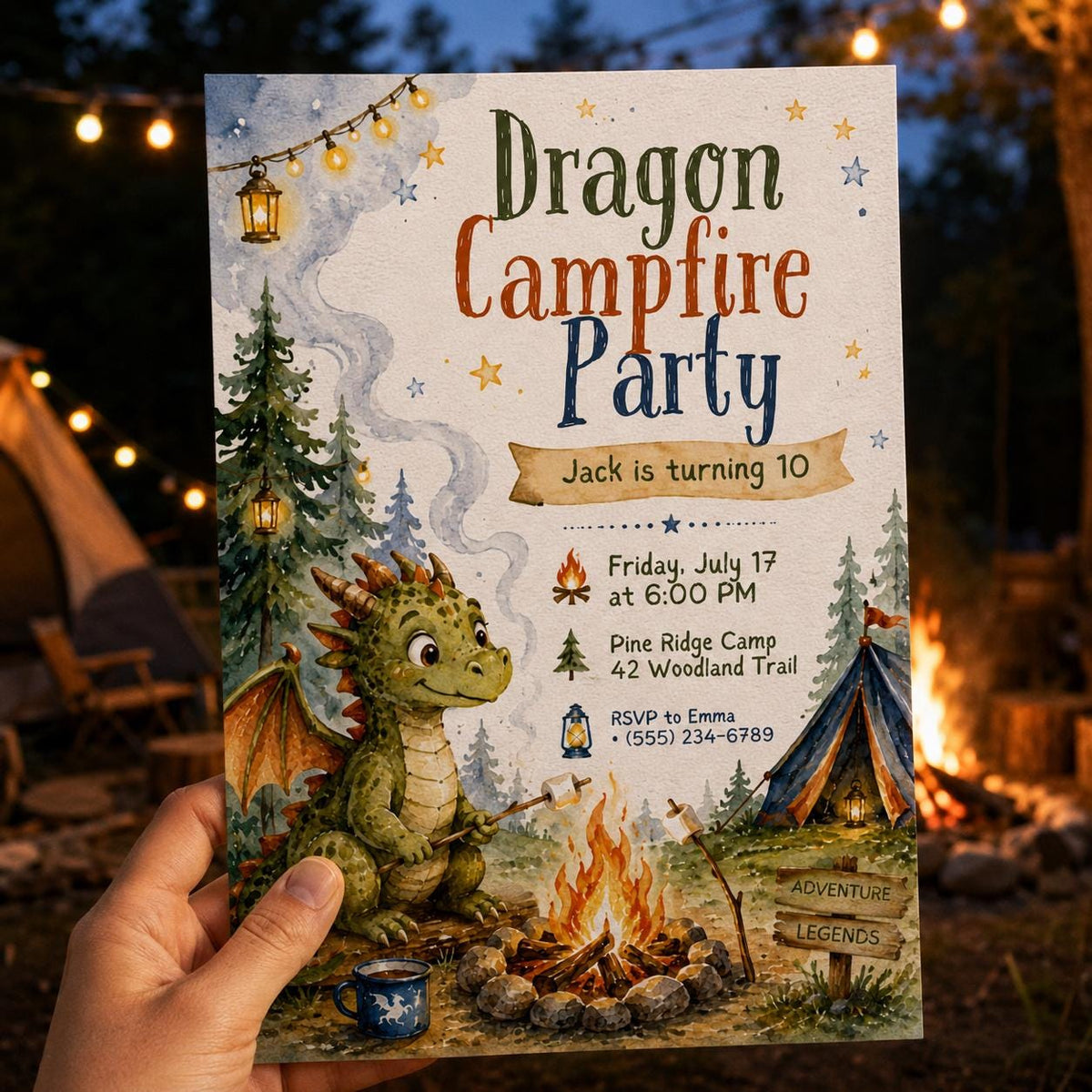 Camping Dragon Campfire 10th Birthday Invitation — print-ready 10th birthday party design from VoltBy