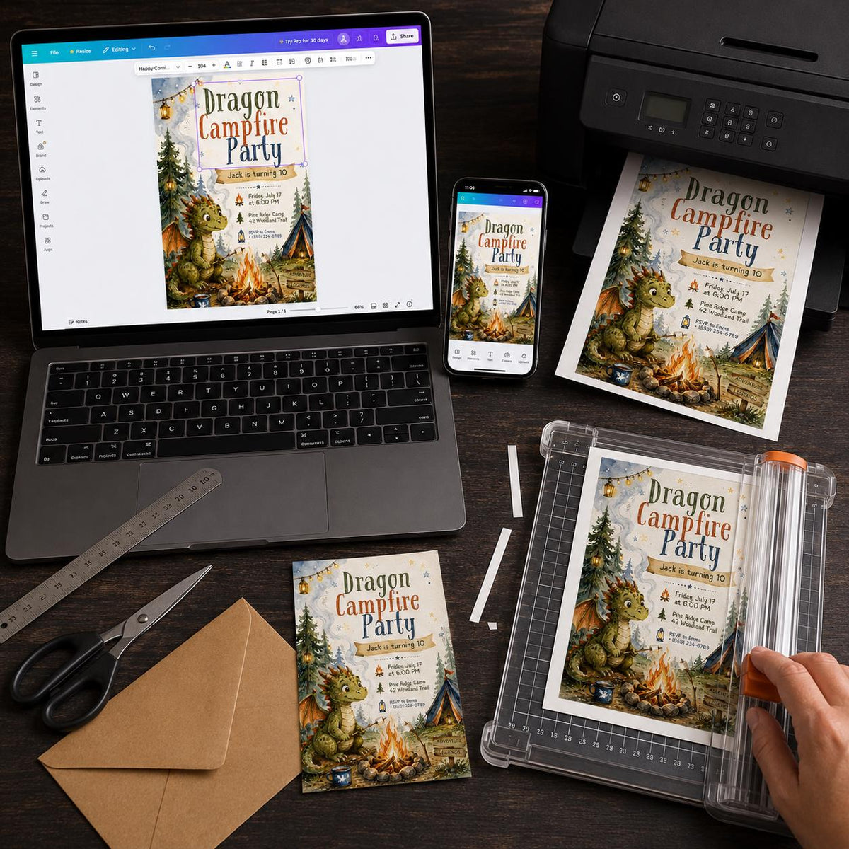Camping Dragon Campfire 10th Birthday Invitation — digital invitation, instant download