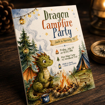 Camping Dragon Campfire 10th Birthday Invitation — 10th birthday party stationery by VoltBy