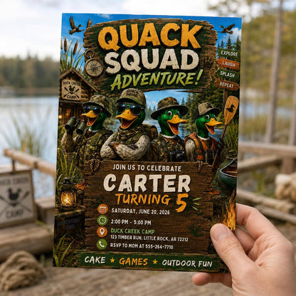 Camping Duck Hunting 5th Birthday Invitation — print-ready 5th birthday party design from VoltBy