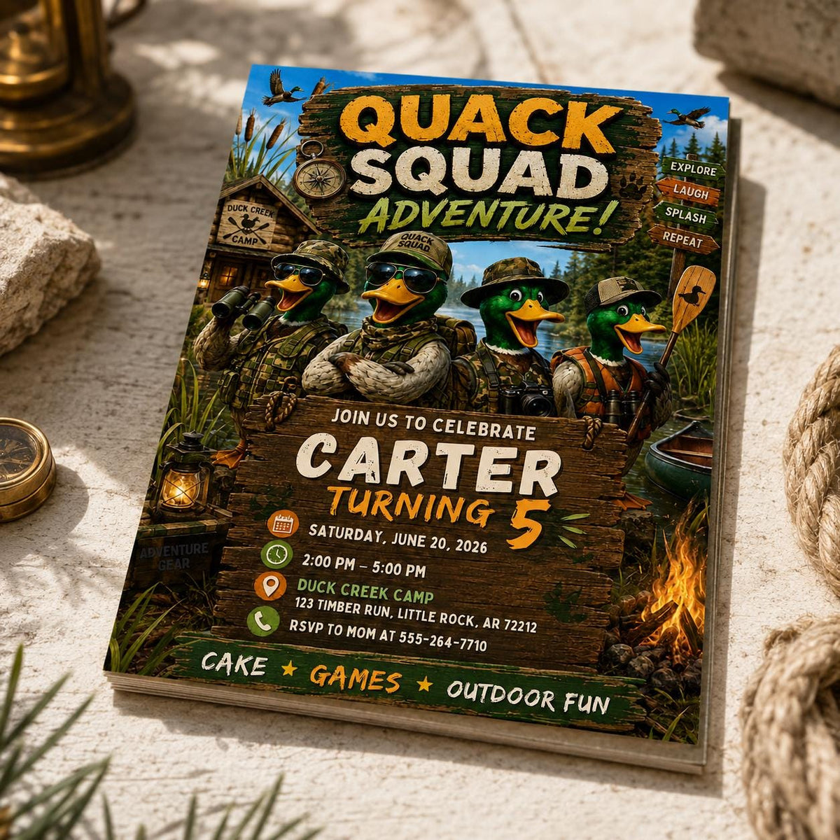 Camping Duck Hunting 5th Birthday Invitation — 5th birthday party stationery by VoltBy