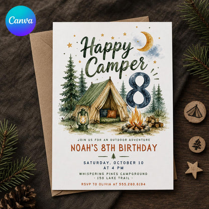 Camping Happy Camper 8th Birthday Invitation — editable Canva template