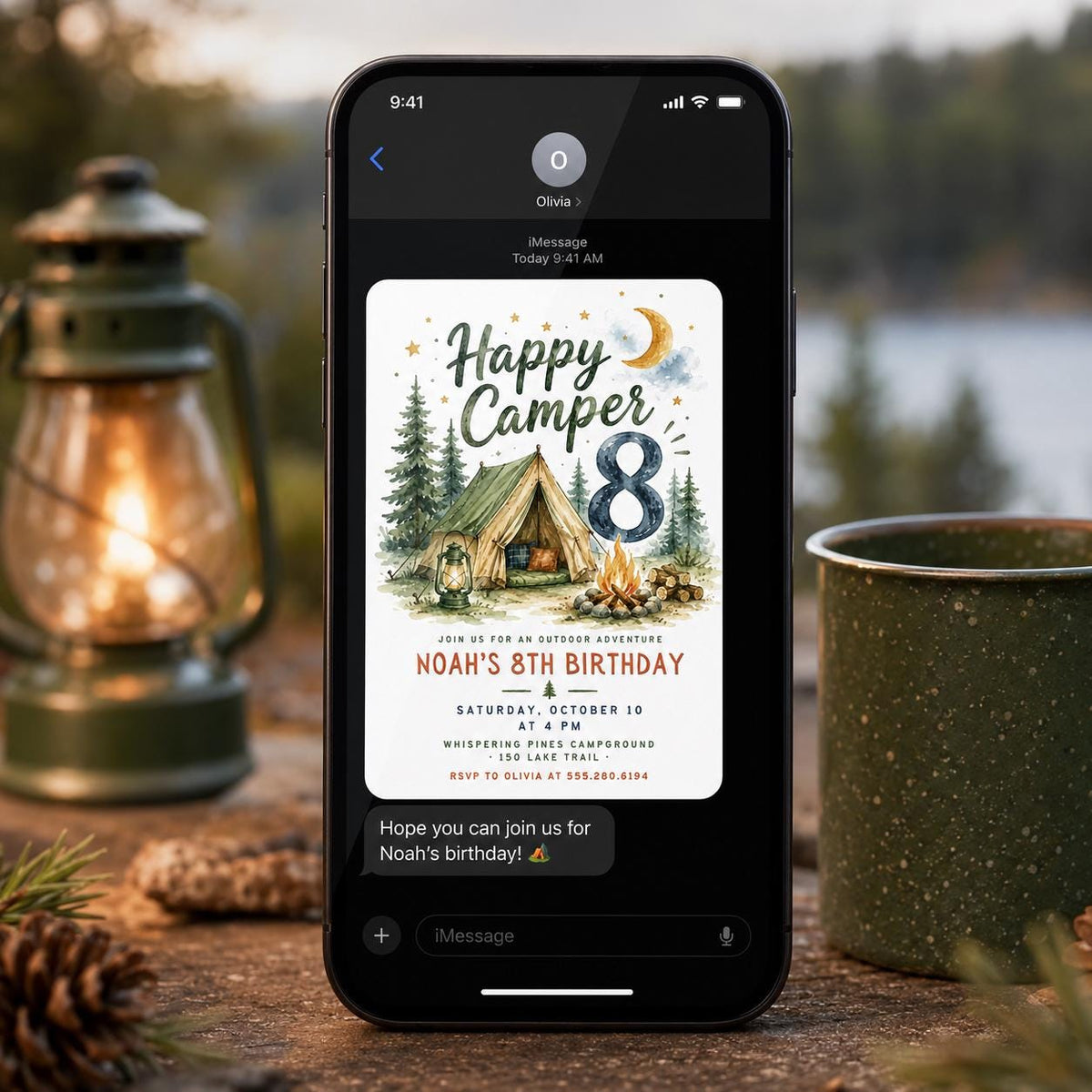 Camping Happy Camper 8th Birthday Invitation — invitation you personalize in Canva
