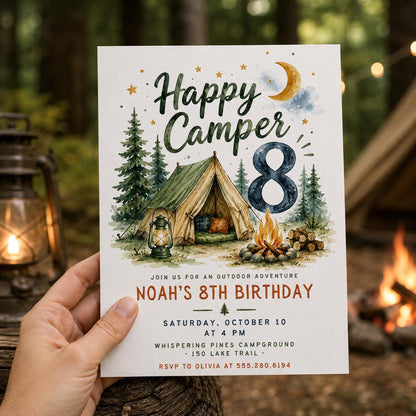 Camping Happy Camper 8th Birthday Invitation — print-ready 8th birthday party design from VoltBy