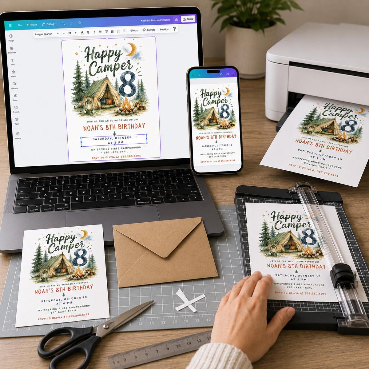 Camping Happy Camper 8th Birthday Invitation — digital invitation, instant download