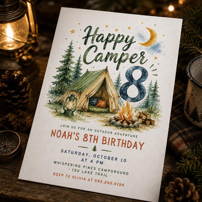 Camping Happy Camper 8th Birthday Invitation — 8th birthday party stationery by VoltBy