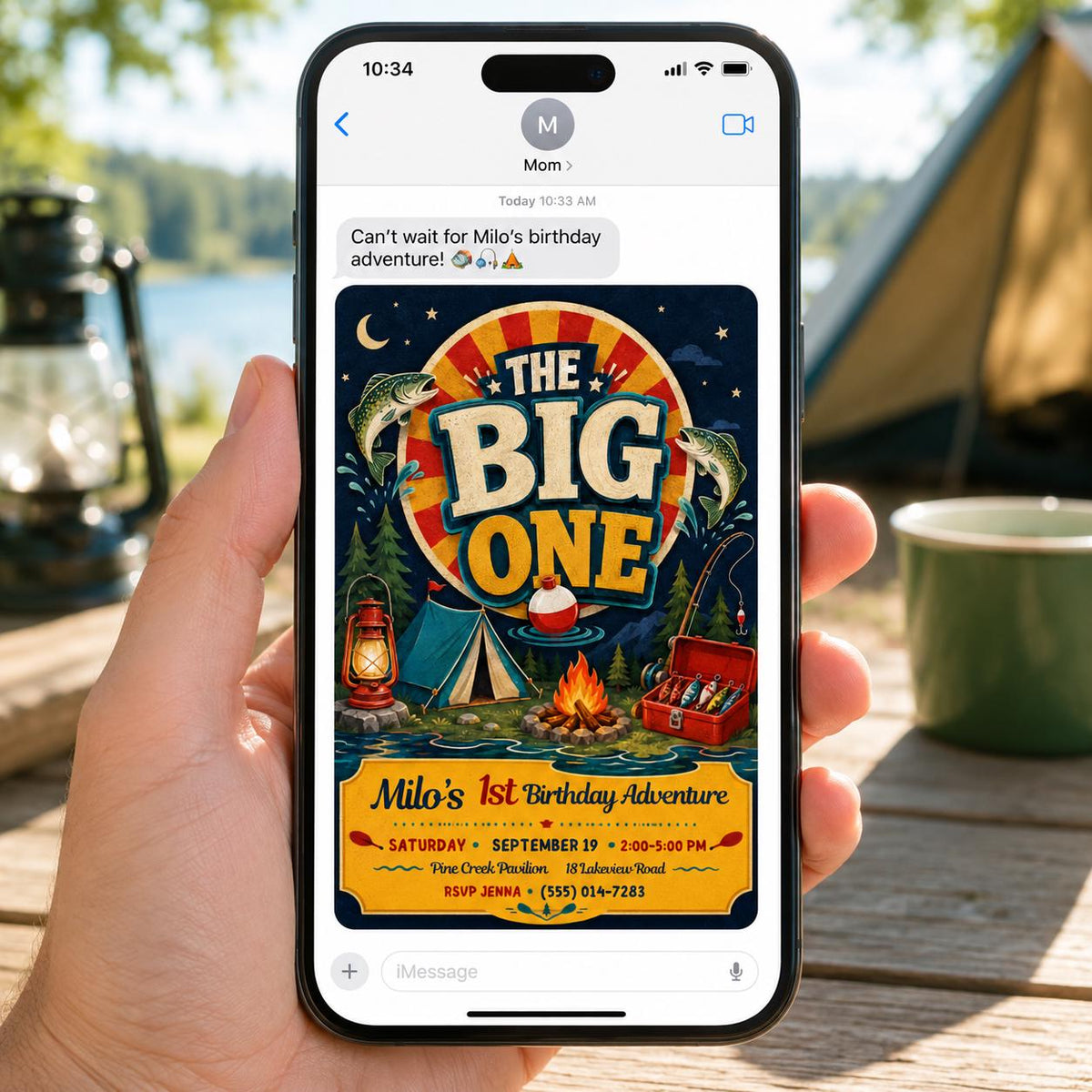 Camping The Big One Fishing First Birthday Invitation for Boys — invitation you personalize in Canva