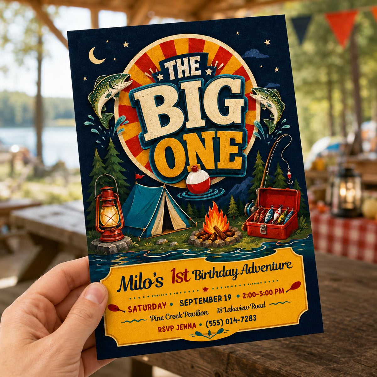 Camping The Big One Fishing First Birthday Invitation for Boys — print-ready first birthday design from VoltBy