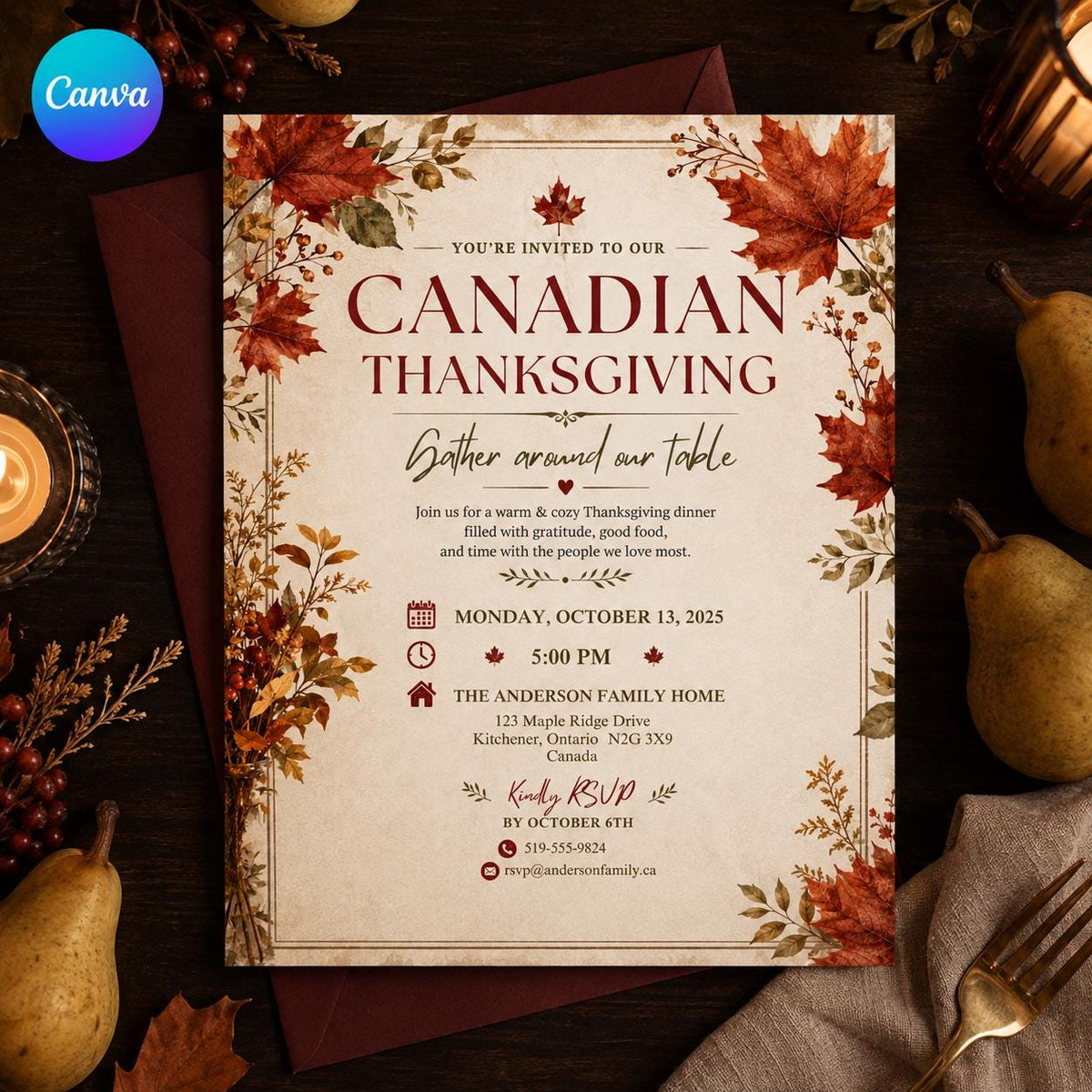 Canadian Thanksgiving Invitation — editable Canva template
