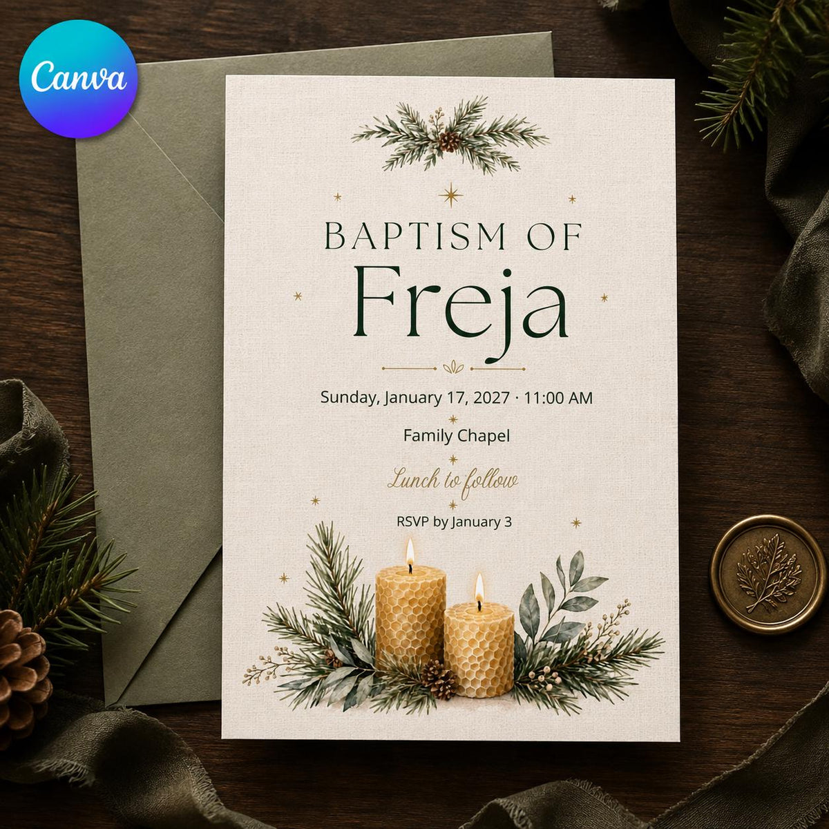 Candle Winter Baptism Invitation — editable Canva template