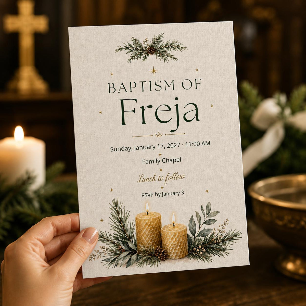 Candle Winter Baptism Invitation — invitation you personalize in Canva