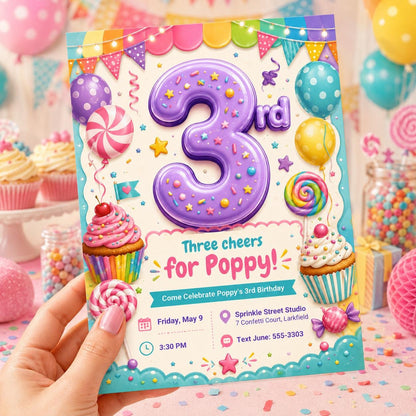Candy 3rd Birthday Invitation for Girls — print-ready 3rd birthday party design from VoltBy