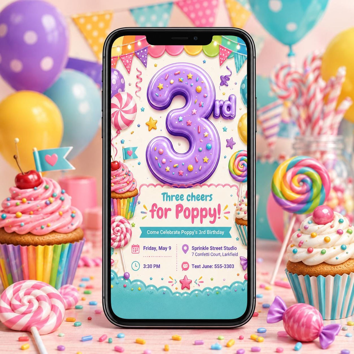 Candy 3rd Birthday Invitation for Girls — digital invitation, instant download