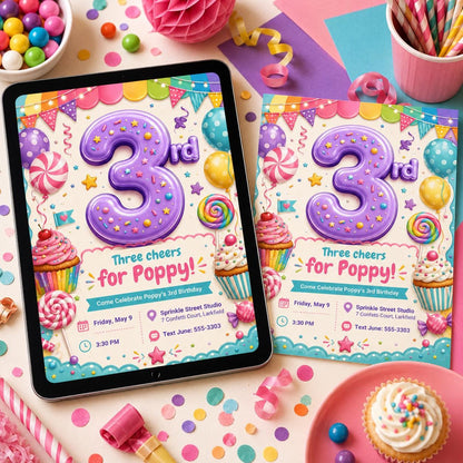 Candy 3rd Birthday Invitation for Girls — 3rd birthday party stationery by VoltBy
