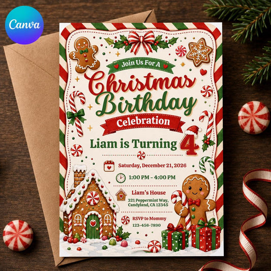 Candy Christmas 4th Birthday Invitation for Boys — editable Canva template