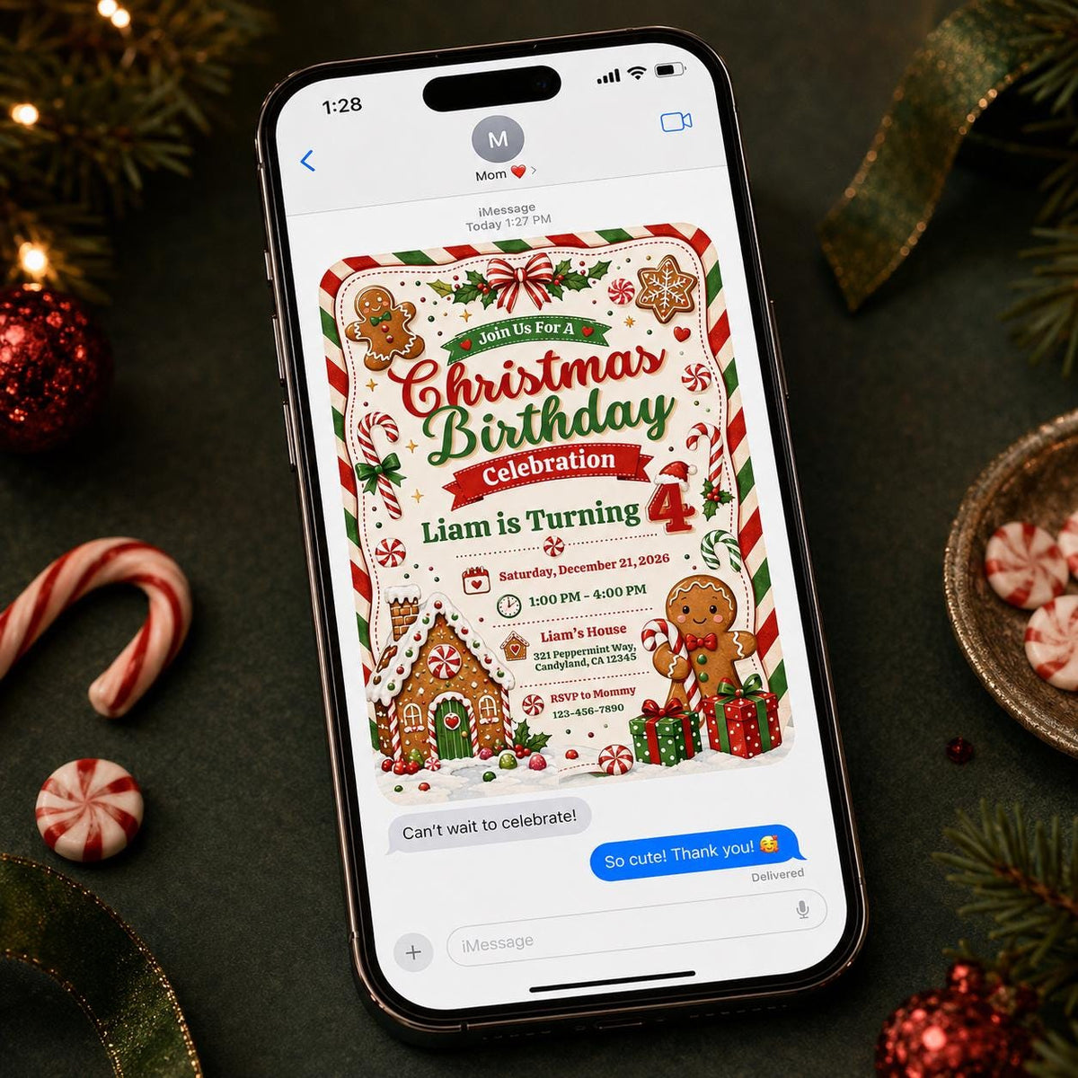 Candy Christmas 4th Birthday Invitation for Boys — cane design