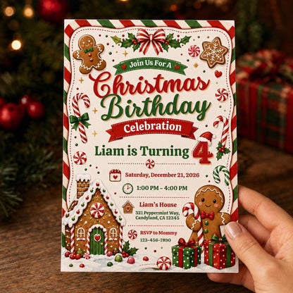 Candy Christmas 4th Birthday Invitation for Boys — invitation you personalize in Canva