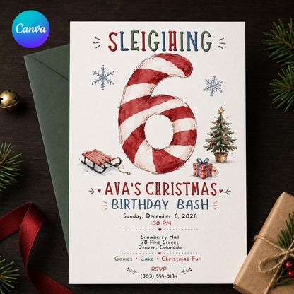 Candy Christmas 6th Birthday Invitation — editable Canva template