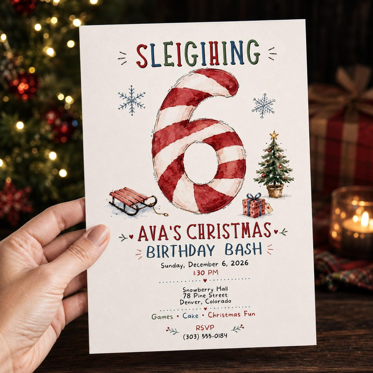 Candy Christmas 6th Birthday Invitation — invitation you personalize in Canva