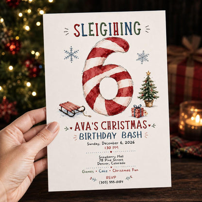 Candy Christmas 6th Birthday Invitation — invitation you personalize in Canva