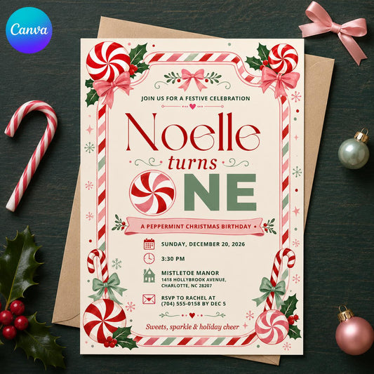 Candy Christmas First Birthday Invitation — editable Canva template