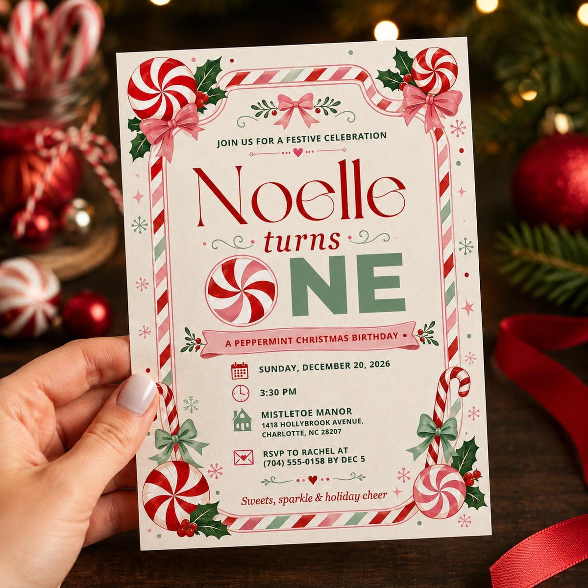 Candy Christmas First Birthday Invitation — invitation you personalize in Canva