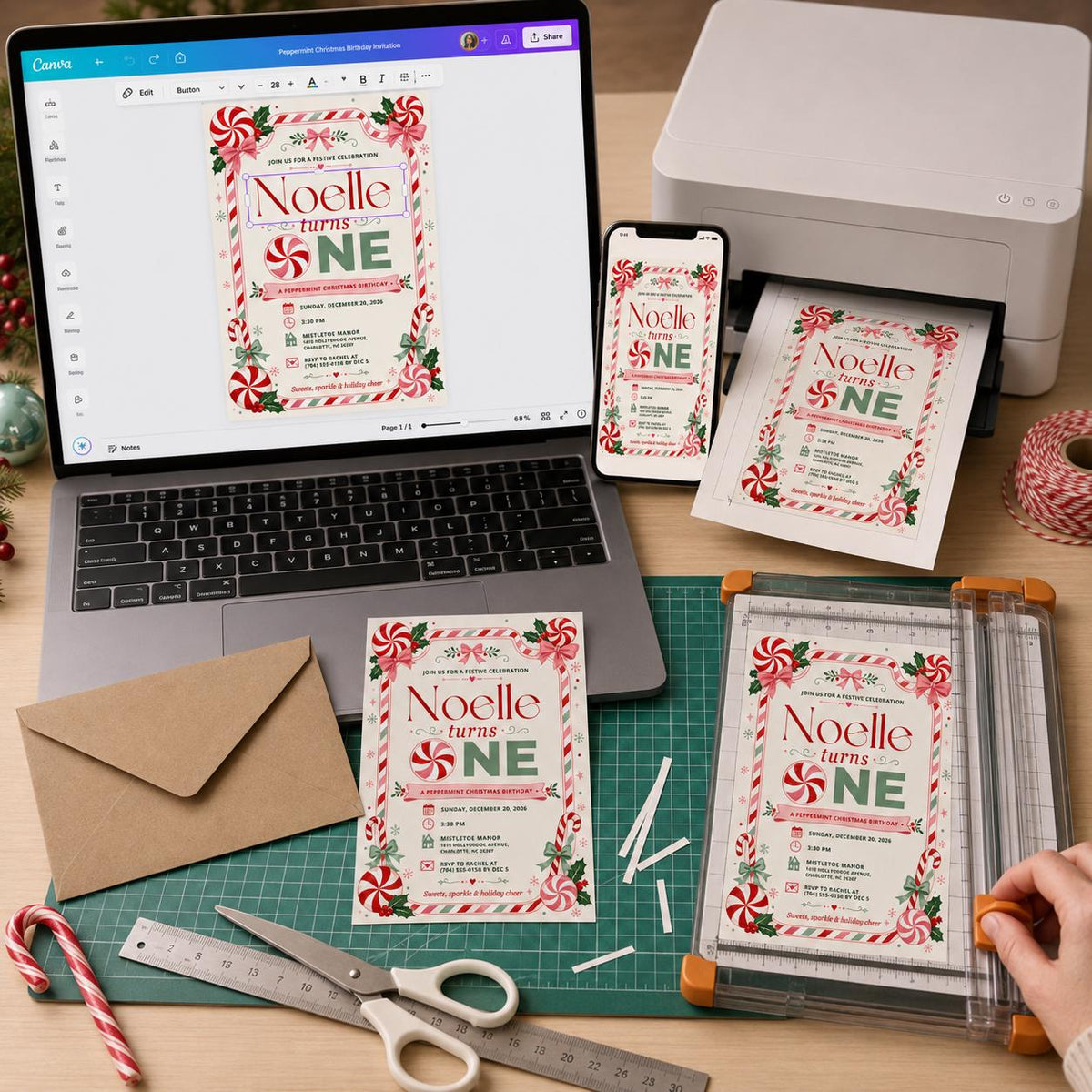 Candy Christmas First Birthday Invitation — print-ready first birthday design from VoltBy