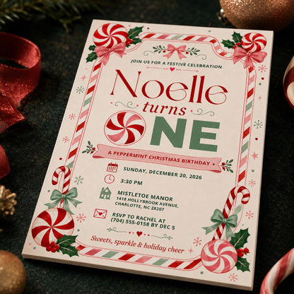 Candy Christmas First Birthday Invitation — digital invitation, instant download