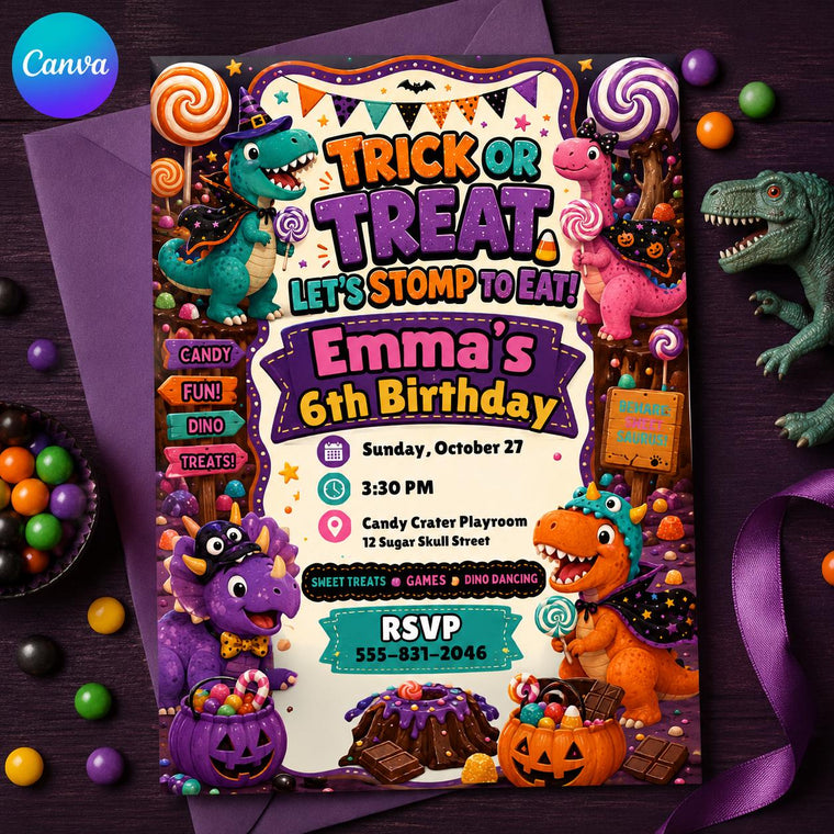 Candy Dinosaur Halloween 6th Birthday Invitation for Girls