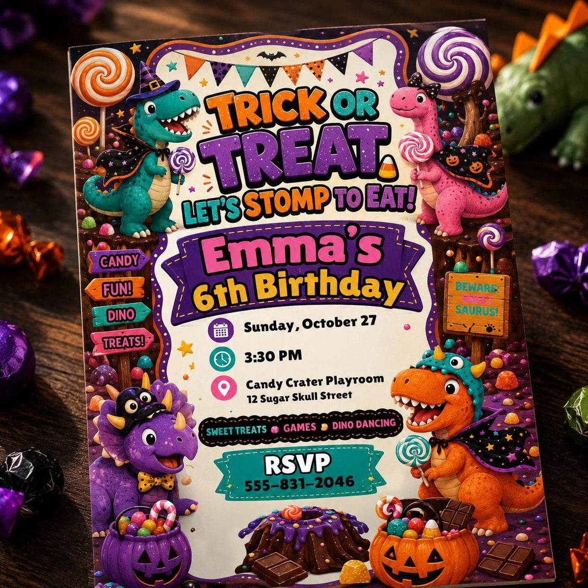 Candy Dinosaur Halloween 6th Birthday Invitation for Girls — invitation you personalize in Canva