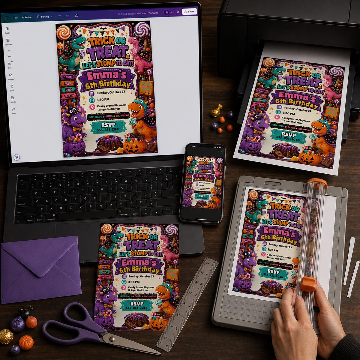 Candy Dinosaur Halloween 6th Birthday Invitation for Girls — print-ready 6th birthday party design from VoltBy