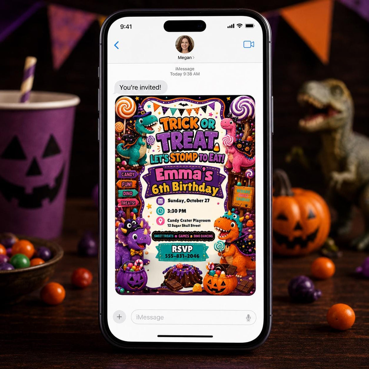 Candy Dinosaur Halloween 6th Birthday Invitation for Girls — 6th birthday party stationery by VoltBy