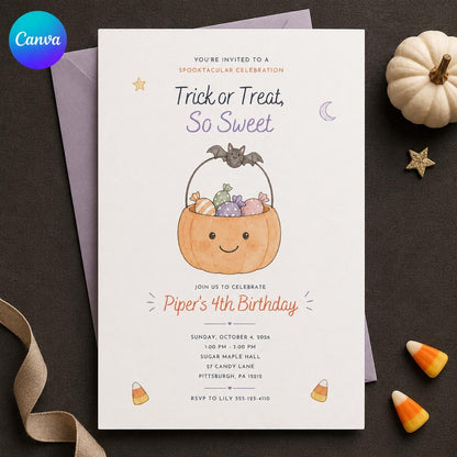 Candy Halloween 4th Birthday Invitation — editable Canva template