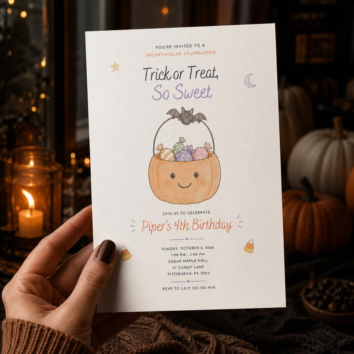 Candy Halloween 4th Birthday Invitation — pumpkin design
