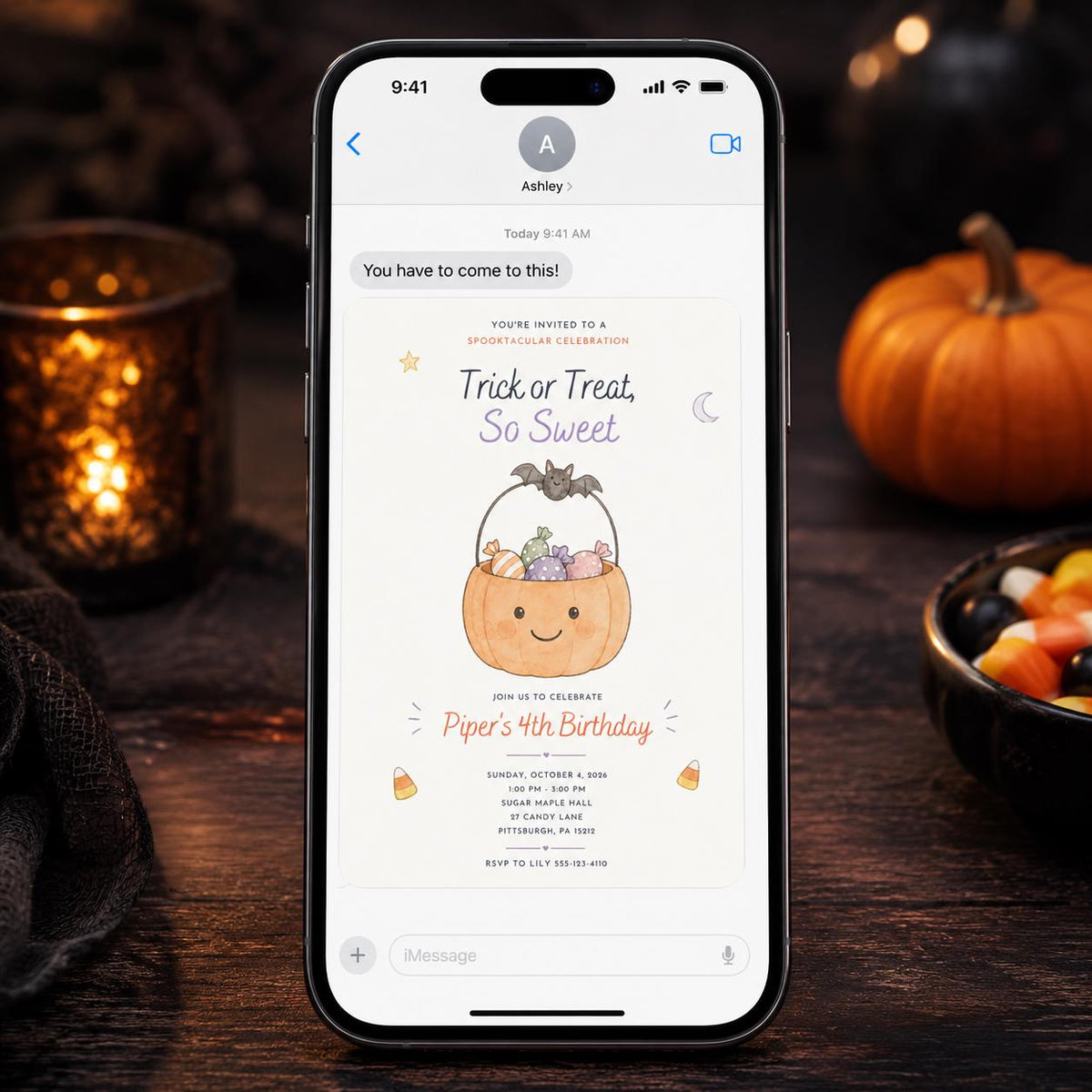 Candy Halloween 4th Birthday Invitation — digital invitation, instant download