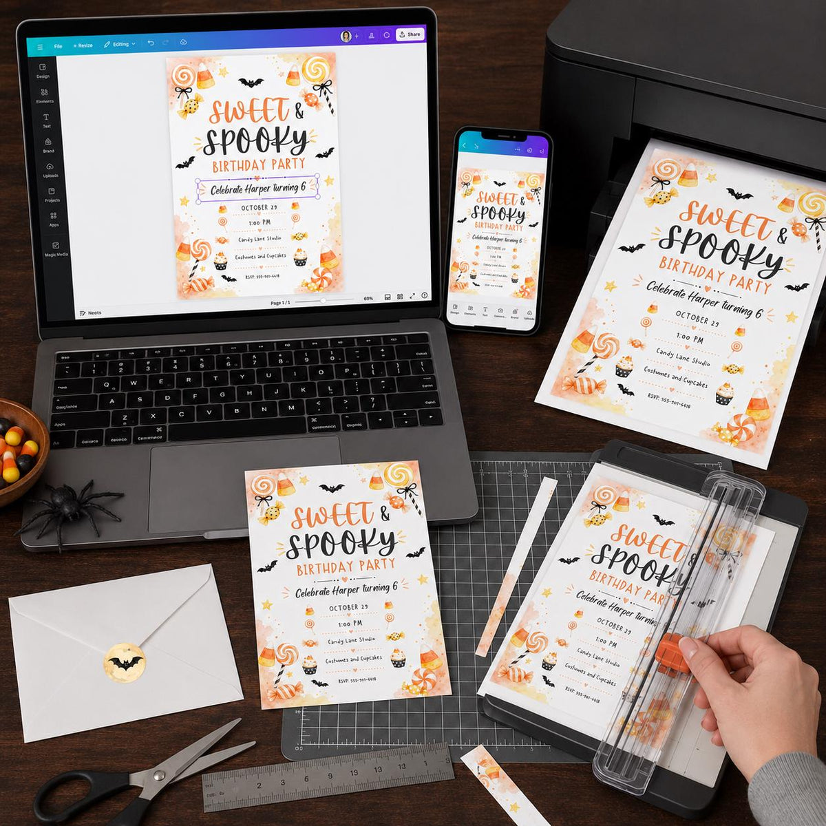 Candy Sweet and Spooky 6th Birthday Invitation — invitation you personalize in Canva