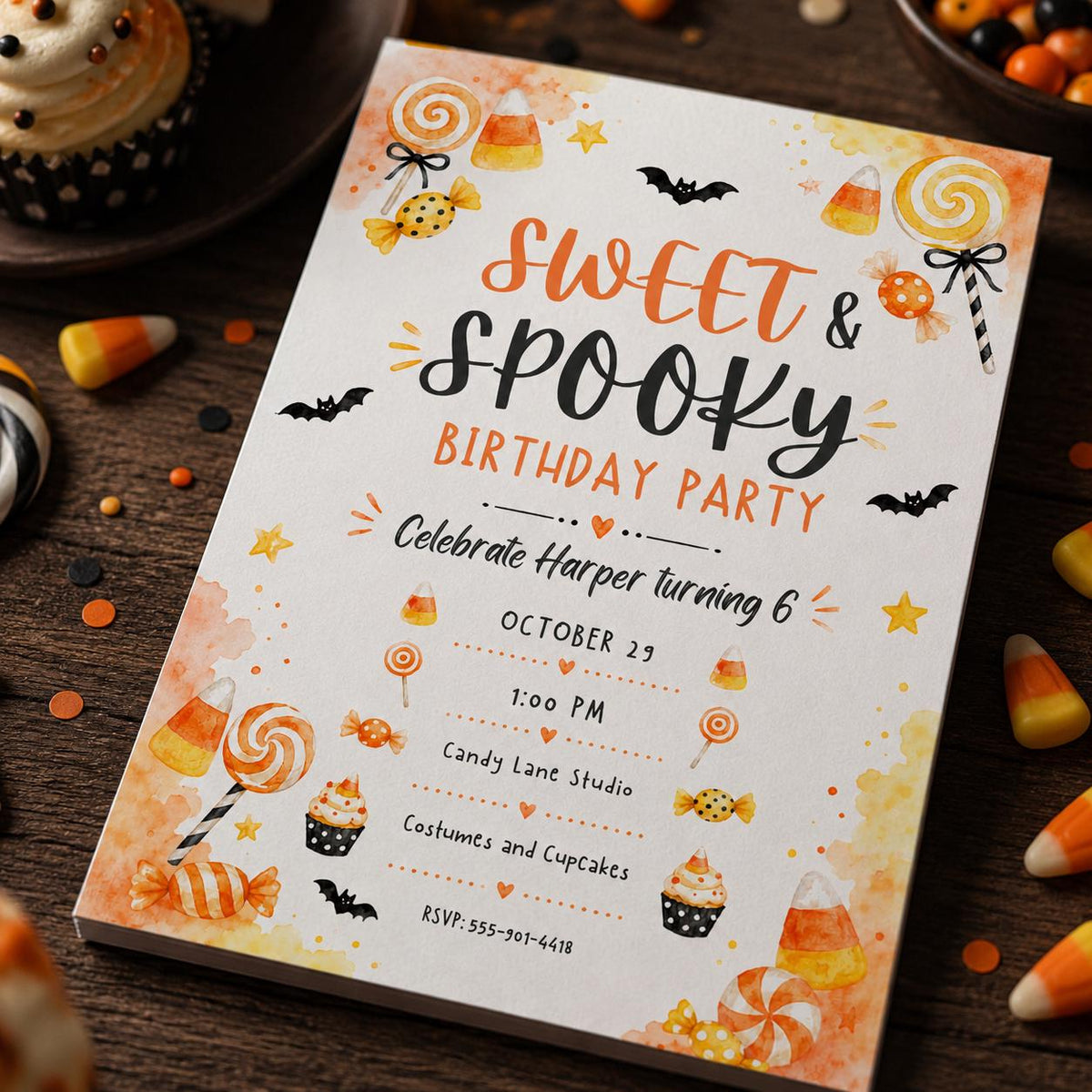 Candy Sweet and Spooky 6th Birthday Invitation — print-ready 6th birthday party design from VoltBy