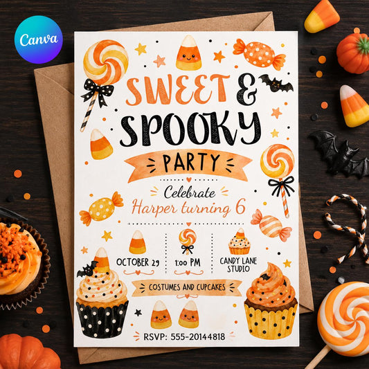 Candy Sweet and Spooky Birthday Invitation — editable Canva template
