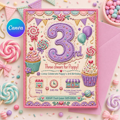 Candy Sweet Three Birthday Invitation for Girls — editable Canva template