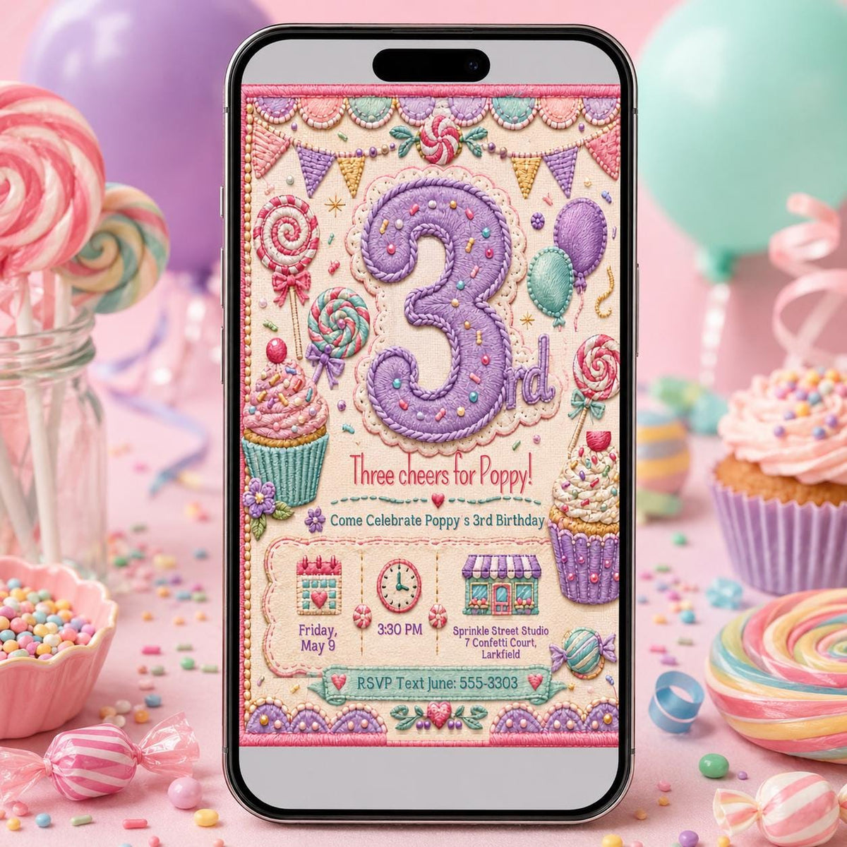 Candy Sweet Three Birthday Invitation for Girls — invitation you personalize in Canva