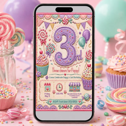 Candy Sweet Three Birthday Invitation for Girls — invitation you personalize in Canva